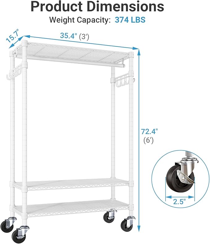 VIPEK R3 Rolling Clothing Rack Heavy Duty Garment Rack for Hanging Clothes, Portable Closet Wardrobe with Wheels and Side Hooks, Adjustable Freestanding Metal Clothes Rack with Shelves, White