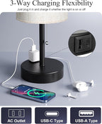 Fenmzee Plus Bedside Table Lamps Set of 2-3 Color Temperatures Pull Chain Lamp with AC Outlet Charging Port, Round Night Stand Lamps for Bedroom Guest Room Office, Bed Side Light with E26 LED Bulbs