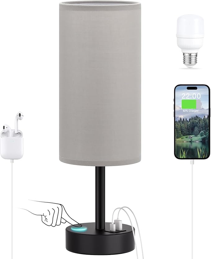 Dicoool Grey Touch Bedside Lamp with USB - 3 Way Dimmable Table Lamp for Bedroom, Nightstand Lamp with Black Charging Station for Desk Dorm, Office, Boy Kids Room, Small