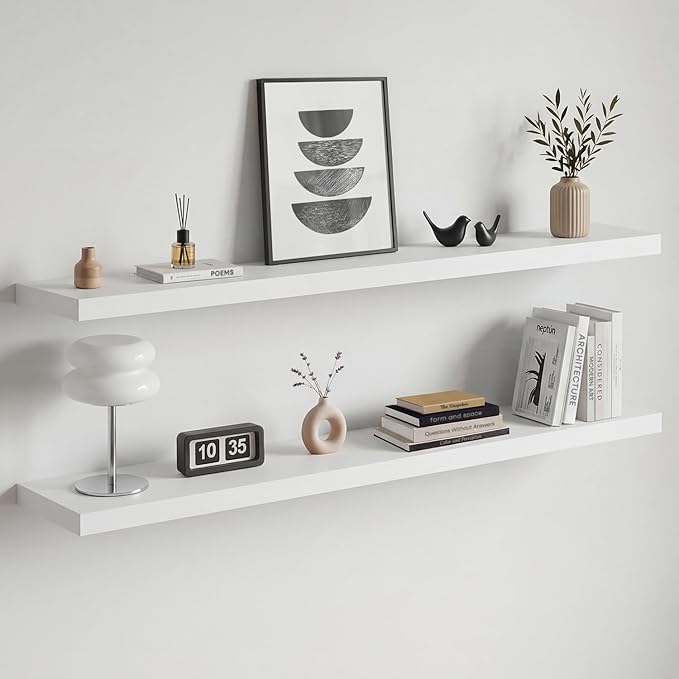 Homeforia White Floating Shelf 48 inches, High End Solid Real Wood 48inch Long Floating Shelves for Wall Mounted, White Wooden 48in Floating Shelves, Heavy Duty Bracket, 48 X 6.5 X 1.75 inch, Set of 2