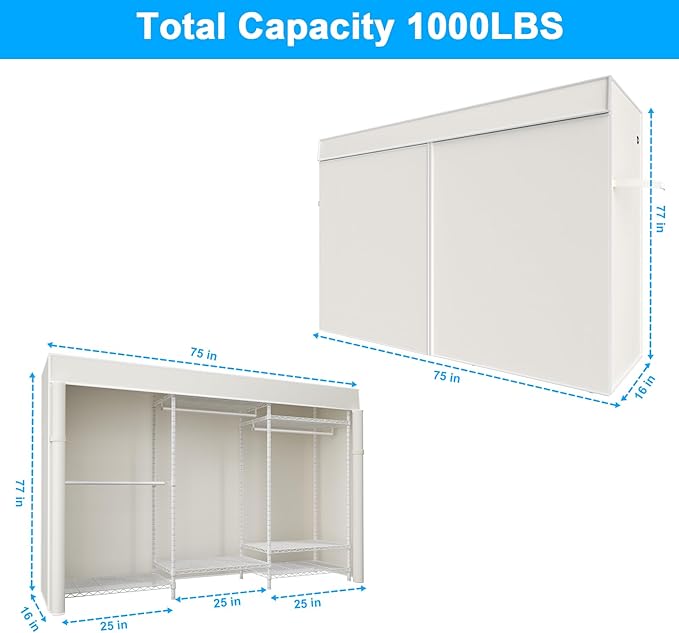 Ulif E13C Pro Heavy Duty Closet Organizer System，Freestanding Clothing Racks for Hanging Clothes，Adjustable Garment Rack 75" W x16 D x77 H Hold 1000lbs，White Rack with White Dustproof Cover