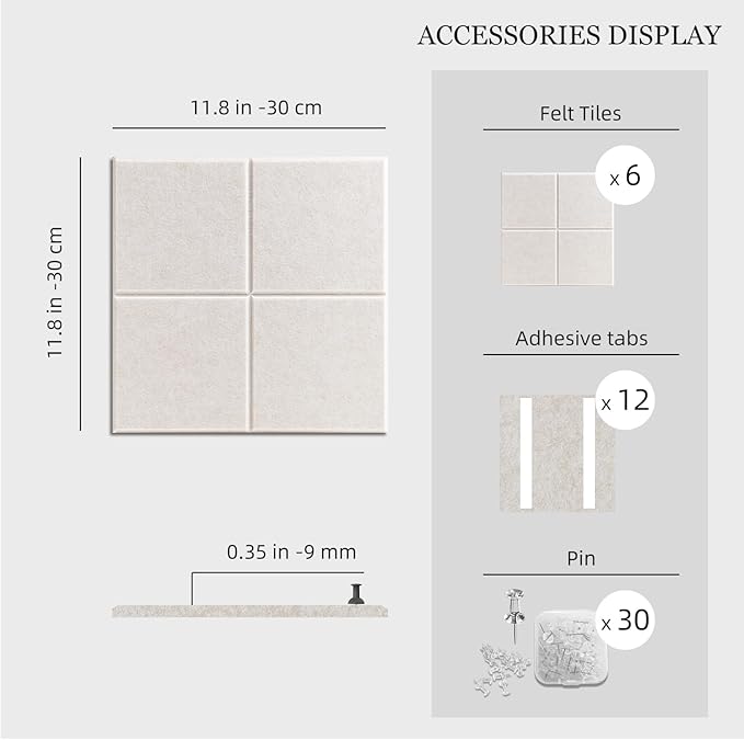 Large Felt Cork Board Alternative - 36" x 24" Bulletin Board with 30 Pushpins, 6 Pack Adhesive Cork Board, Sound Absorbing Fabric Wall Tiles, for Office Home Music Class, Warm White