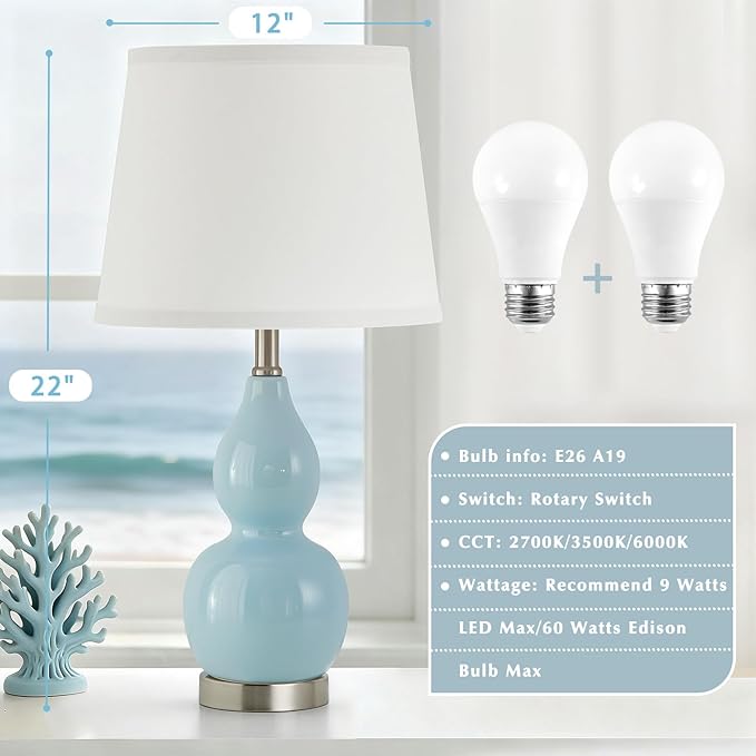 GyroVu 22" Table Lamp Set of 2, Color Temperature Adjustable Double Gourd Ceramic Lamps Classic Nightstand Table Lamps for Bedroom Beside Lamps for Living Room, Sky Blue-Bulbs Included