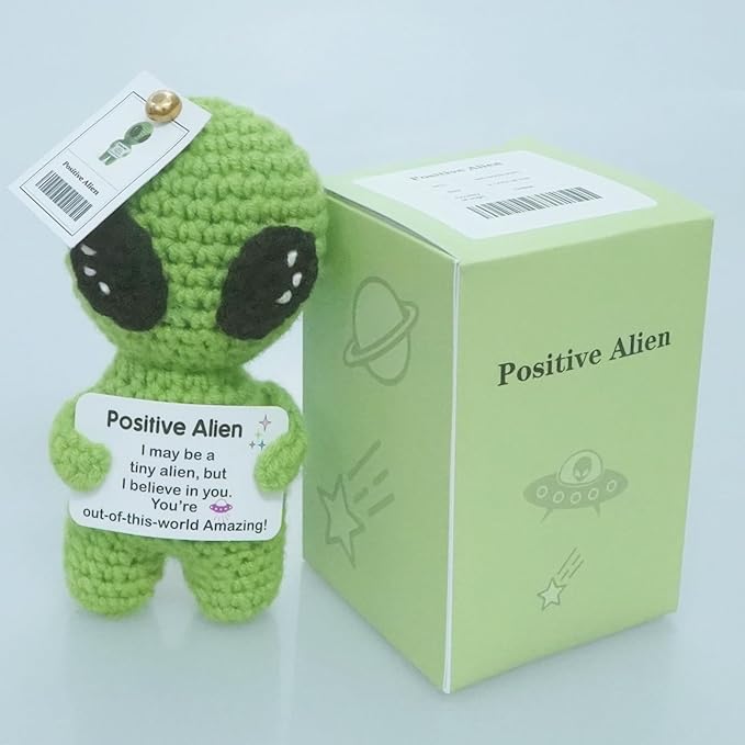 Positive Alien Crochet Plush with Message Affirmation Card - Appreciation Birthday Gift for Women Men, Her Him, Teen, Boy Girl, Inspirational College High School Graduation Congrats Grad Decoration