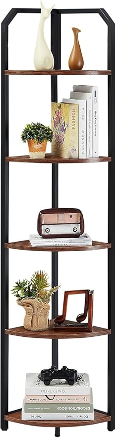 MNEETRUNG Corner Shelf, 5-Tier Industrial Corner Bookshelf, Freestanding Corner Shelf Stand with Metal Frame, Open Corner Plant Stand for Small Space, Home Office, Living Room, Bedroom, Brown