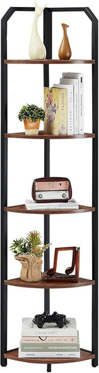 MNEETRUNG Corner Shelf, 5-Tier Industrial Corner Bookshelf, Freestanding Corner Shelf Stand with Metal Frame, Open Corner Plant Stand for Small Space, Home Office, Living Room, Bedroom, Brown