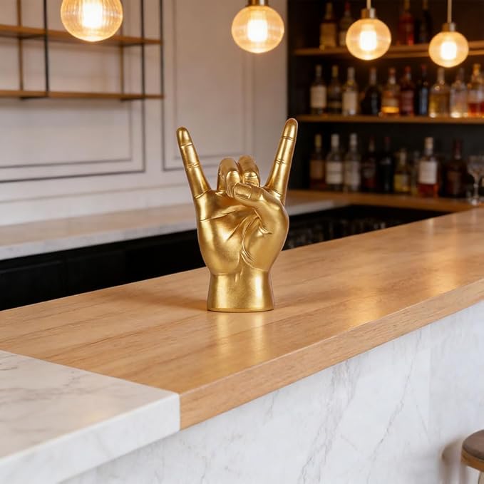 QIANLING 7.7" Gold Rock On Hand Statue, Modern Hand Gesture Sculpture, Rock Music Room Decor, Heavy Metal Party Accent Tabletop Figurine for Desk, Bookshelf, Mantel & Home Office
