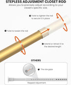 Closet Rods for Hanging Clothes, 17 to 99 Inches Stepless Adjustable Metal Closet Rod, 1.3 Inches Heavy Duty Clothes Hanging Rod for Closet Wardrobes Laundry RV, Golden