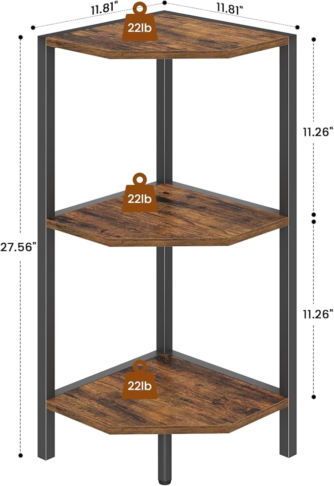 Creso hom Corner Shelf, 3-Tier Industrial Corner Bookshelf with Metal Frame, Multipurpose Corner Display Rack for Living Room Kitchen Bedroom Office Organization and Storage, Rustic Brown