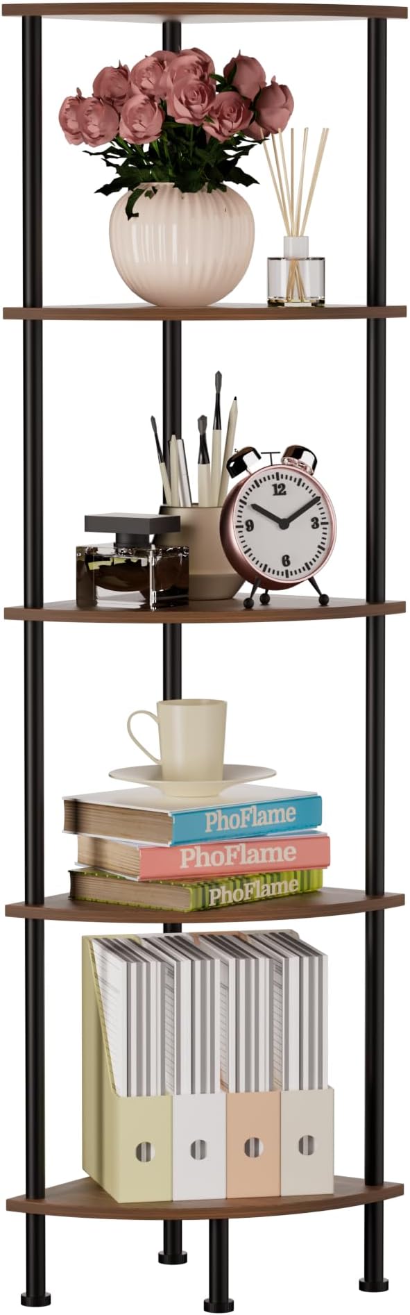 5-Tier Corner Shelf Stand, 52" Industrial Corner Display Rack for Living Room, Bookshelf, Tall Display Shelf, Plant Stand, Storage Standing Shelf for Bedroom, Bathroom, Kitchen, Brown