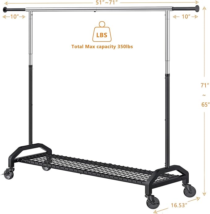 Heavy Duty Clothes Rack for Hanging Clothes Extendable Rolling Clothing Rack for Hanging Clothes 350lbs Chrome 51 to 71" W x 16.53" D x 65" to 71" H 3" Industrial Wheels