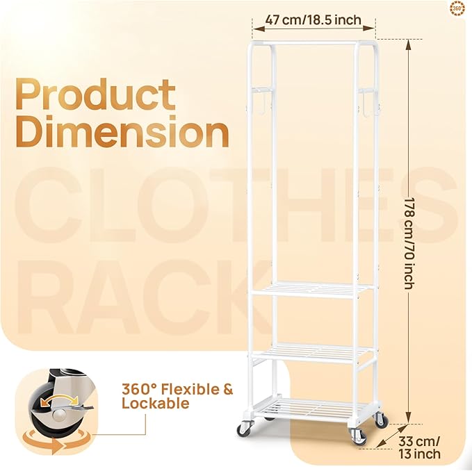 Clothes Rack with Wheels, Freestanding Garment Rack with 3 Metal Shelves for Hanging Clothes, Portable Hanging Rod for Small Room, Bedroom, Bathroom (White)