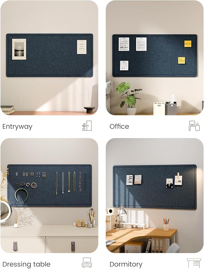 Fluxynara Bulletin Board, 35" x 17.5" Cork Board Alternative with 12 Safe Removable Adhesive Tabs, Foldable Felt Pin Board for Home Office, Classroom, Bedroom,Entryway for Walls—Carbon Blue