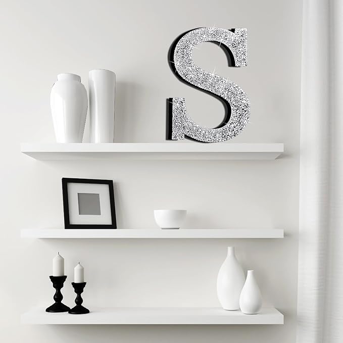 Qunclay 5.7" Silver Crystal Diamond Bling Letters Crushed Diamond Decoration Wooden Glitter Letter with Screw and Hooks Rhinestone Gift for Wedding Y2k Mcbling Bedroom Wall Decor (Letter S)