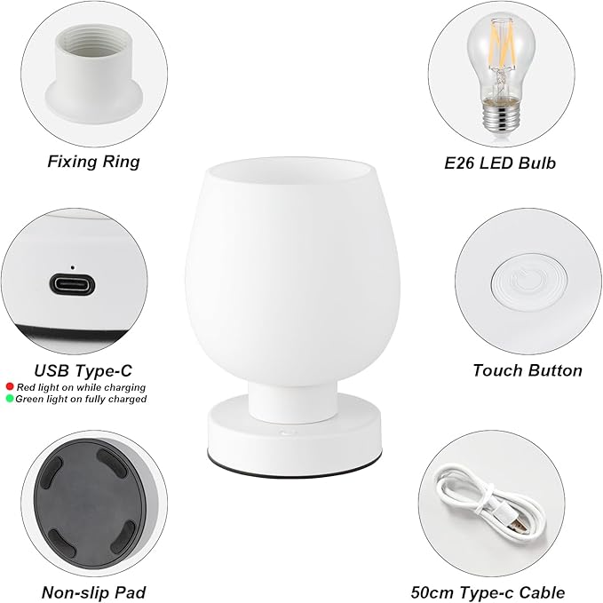 Seealle Cordless Touch Table Lamp for Nightstand - Small Bedside Lamp for Bedroom Night Stands, Desk Lamp with White Glass Shade for Small Spaces Living Room, Stepless Dimmable, LED Bulbs, Gifts