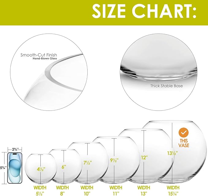 CYS EXCEL Large Glass Bubble Bowl (H-13.5" W-15.25", Approx. 9 Gal.) Round Bowl Terrarium Globe Flower Vase Centerpiece for Weddings Events Arrangements