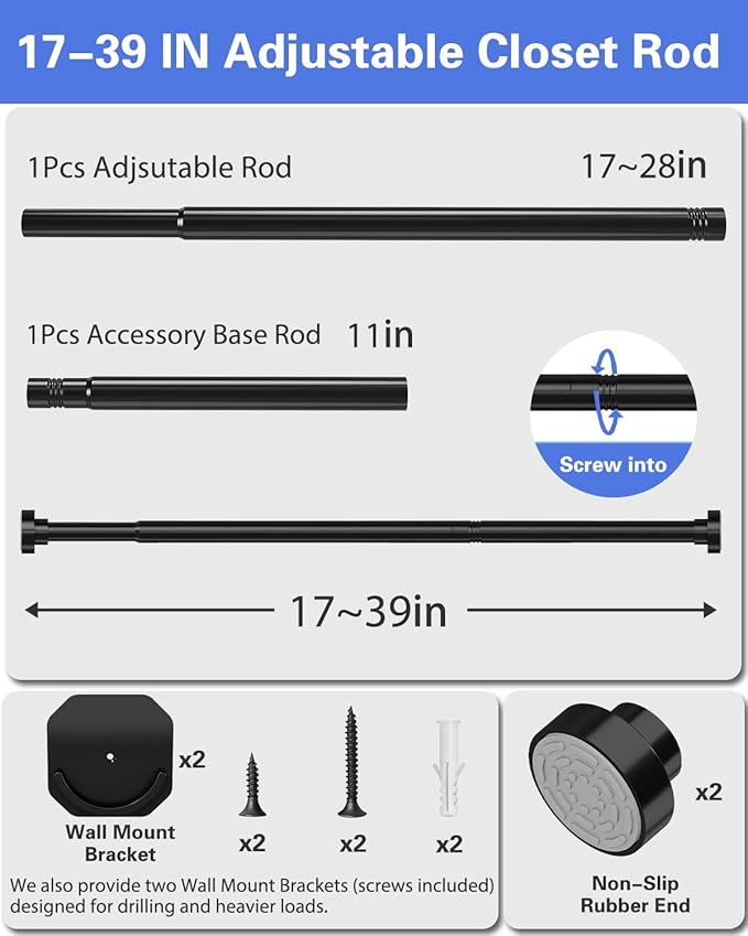 No Drilling Closet Rods for Hanging Clothes, Non Slip Tension Rod with Heavy Duty Clothes Hanging Rod, 17-39 Inches Adjustable Spring Closet Rod for Closet Wardrobe Bathroom Laundry RV, Black