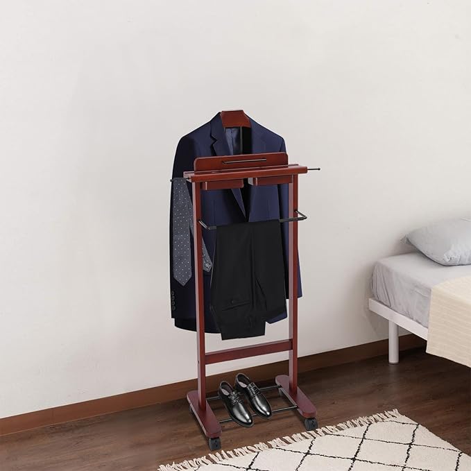 Wooden Freestanding Clothes Stand with Sturdy Base, Multi-functional Suit Valet Stand, Coat Rack with Top Drawer, Tie Hangers, Storage Compartments for Office, Bedroom, Living Room (Reddish Orange)