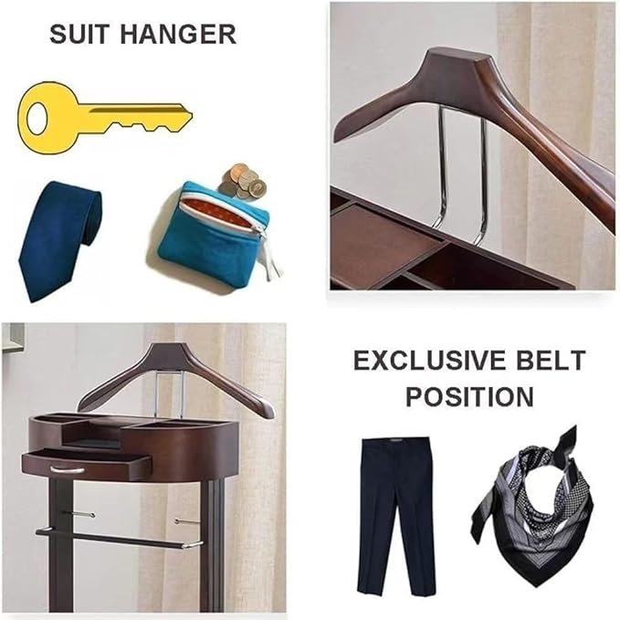 Suit Stands Butler Clothing Racks Wood Suit Valet Stand Clothes Rack with Base Floor Standing Suit Hanger Rack with Drawer, Top Tray,for Office Living Room Bed Room ﻿43X33.5X107CM(White)