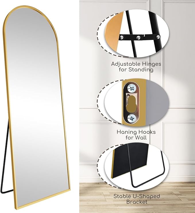Prywot Arched Floor Mirror, 57 "x 20" Full Length Mirror Wall Mirrors Hanging or Leaning Arched-Top Full Body Mirrors with Stand for Bedroom, Dressing Room, Gold