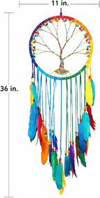 OMA Chakra Rainbow Dream Catcher, Tree of Life Design with Feathers and Beads, Rainbow Suede Authentic Traditional Dream Catcher Boho Home Decor - Large Size - 36" Long x 11" Diameter (Rainbow)