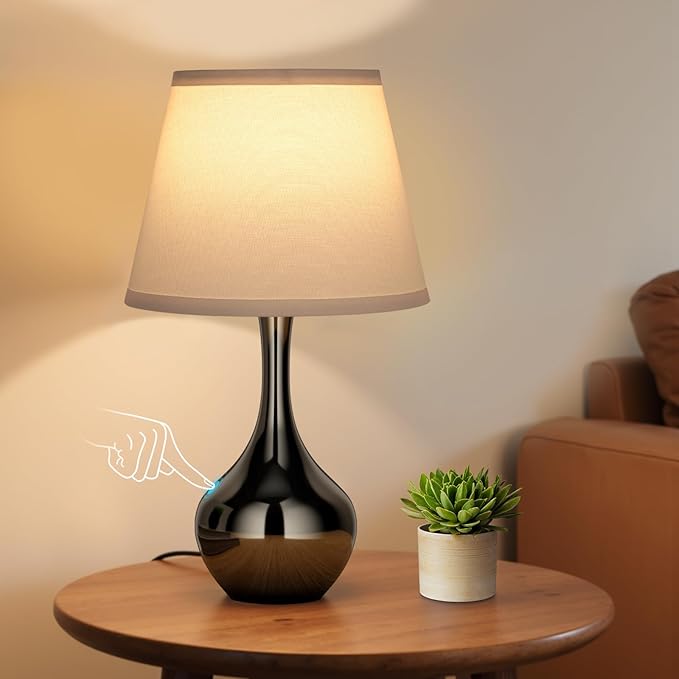Seealle Touch Table Lamp for Bedroom, 3-Way Dimmable Small Bedside Lamps for Night Stands with Wires, Gloss Black Desk Lamp for Kids Room, Office, Living Room, End Table(LED Bulb Included)