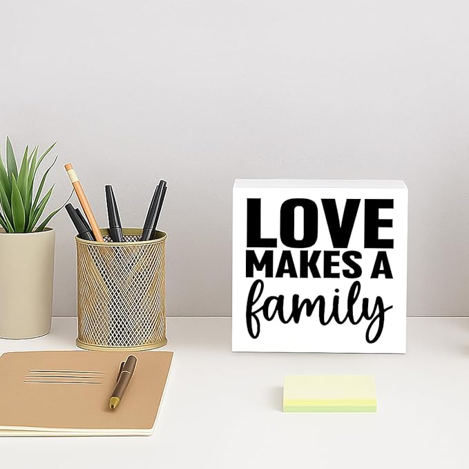 Motivational Home Decorate, Love Makes a Family, Rustic Farmhouse Wall Sign, Wedding Gift, Christian Quotes Decor, Living Room Decor, Family Wall Decoration, Home Desk Decorate, 5.1x5.1inches