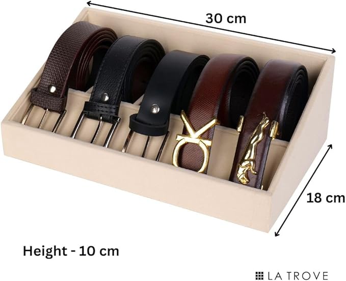 5 Slot Belt Organizer Tray, Velvet Drawer Insert for Men’s Belts, Belt Storage Organizer for Closet & Drawer, Cream