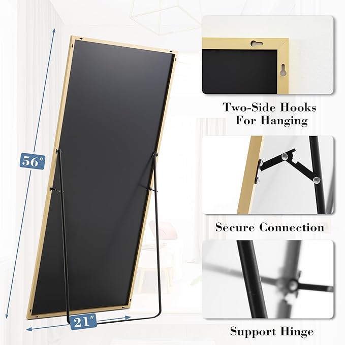 DUMOS 64"x21" Full Length Mirror with Stand, Floor Standing Aluminum Frame, ShatterProof Nano Glass for Bedroom, Living Room, Cloakroom Modern Simple Home Decor, Can Be Hanging, Leaning or Wall, Gold