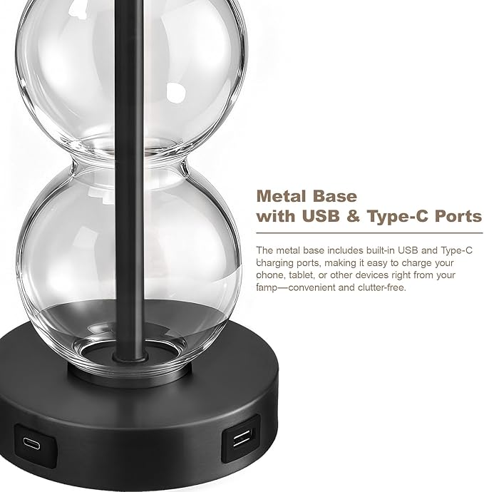 Oneach 25" Glass Table Lamps Set of 2, Black Modern Table Lamps with USB Ports for Living Room, Linen Shade Bedside Lamps for Bedroom, Nightstand, Side Table (Bulbs not Included)