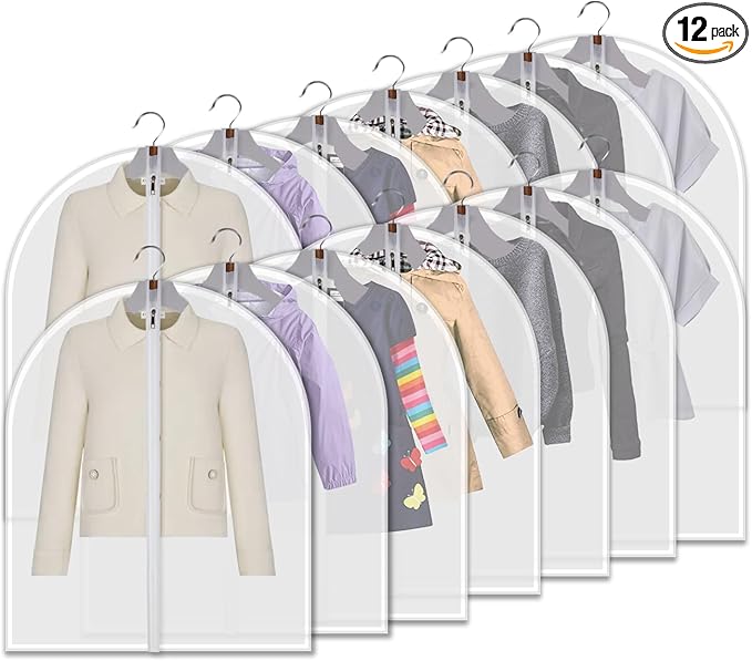 12-Pack Hanging Garment Bags - 31 Inch Clear Clothes Storage Covers with Full Zipper | Translucent Dust-Proof Organizers for Closet, Travel, Kids Clothes & Seasonal Wardrobe Protection
