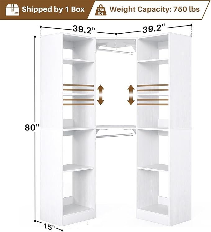 Corner Closet System with 12 Shelves, 39.2" Corner Closet Organizer System with 2 Hanging Rods, Versatile 6-Tier Walk-in Closets for Corner Space, White (39.2" L x 39.2" W x 80" H)