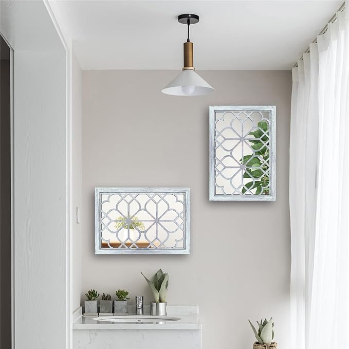 Wocred Set of 2 Rectangular Wall Mirror,Gorgeous Rustic Farmhouse Accent Mirror,Rustic White Color Entry Mirror for Bathroom Renovation,Bedrooms,Living Rooms and More(11”x15”)