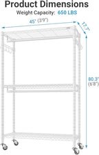 VIPEK R2 Plus Rolling Garment Rack 3 Tiers Adjustable Wire Shelving Clothes Racks with Wheels, Freestanding Wardrobe Storage Rack Heavy Duty Metal Clothing Racks for Hanging Clothes, White