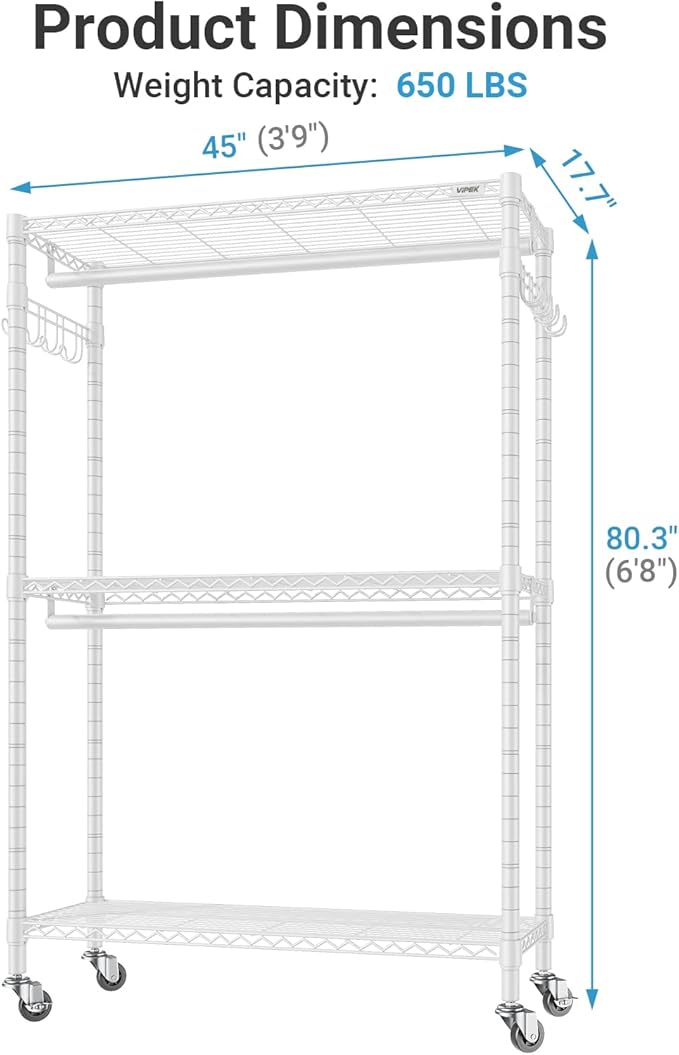 VIPEK R2 Plus Rolling Garment Rack 3 Tiers Adjustable Wire Shelving Clothes Racks with Wheels, Freestanding Wardrobe Storage Rack Heavy Duty Metal Clothing Racks for Hanging Clothes, White