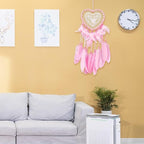 Dream Catcher,Lovely Heart Shape Dreamcatcher Handmade Lace Dream Catcher Feather Bead Wall Hanging Boho Woven Art Ornament Gift Craft Dreamcatcher Wind Chimes for Home Children Bedroom Decor (Pink)