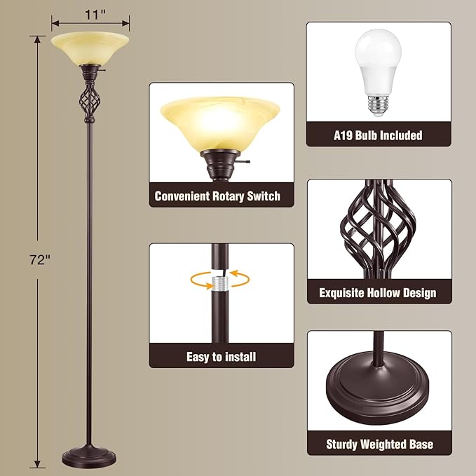 GyroVu Torchiere Floor Lamp for Living Room, LED Standing Reading Light for Bedroom with Glass Shade for Living Room Corner Bedroom Home Office,Bulbs Included (Yellow Lampshade, Glass 1 Head)