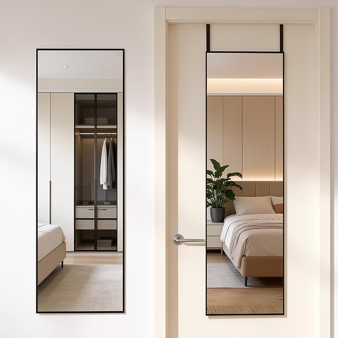 DUMOS 47x14 Inch Full Length Mirror Over the Door, Wall Mounted Full Body Mirror, Door Hanging Metal Aluminum Alloy Frame Dressing Mirrors for Bedroom, Living Room, Entryway, Black