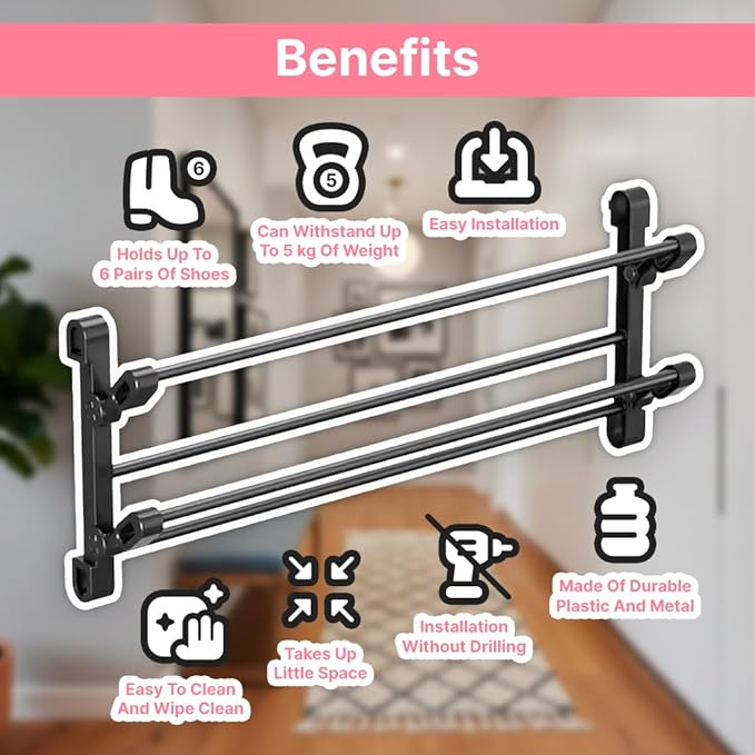 Foldable 26-Inch Wall Mounted Shoe Rack Organizer, Holds 6 Pairs, Small Hanging Shoe Rack for Entryway, Door or Closet, Space-Saving Wall Shoe Storage