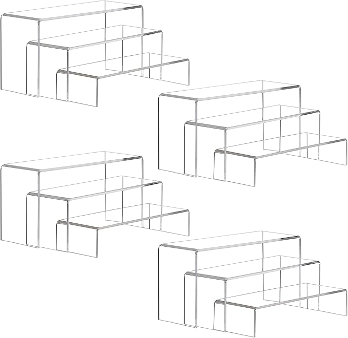 ANDGOO 12 Pack Large Acrylic Risers, 4 Set(11.2”L~11.6”L~12”L) Clear Rectangular Stands for Display, Tiered Acrylic Shelves for Decor, Collectibles, Dessert Table, Retail Display Shelf Showcases