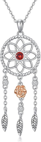 Dream Catcher Pendant Necklace 925 Sterling Silver Synthetic Moonstone Crystal Sunflower Rose Flower Evil Eye Dreamcatcher Cremation Jewelry Gifts for Women Wife Mom
