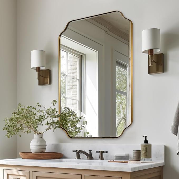ANDY STAR 24"x36" Gold Mirror, Brushed Brass Scalloped Wall Mirror, Bathroom Mirror for Vanity, Wall Mirror with Aesthetic Scalloped Edge Design Ideal for Bathroom, Bedroom or Entryway