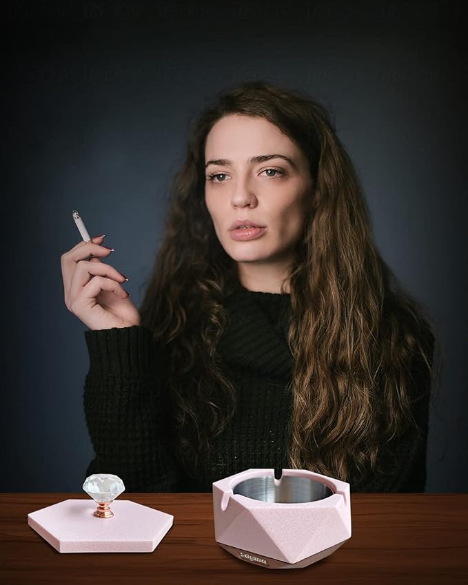 Pink Ash tray for Women, Unique Design Ashtray with Lid and Removable Liner, Easy to Clean, Perfect Cute Ash trays Indoor, Funny Ashtray Gift for Cigarette Smokers