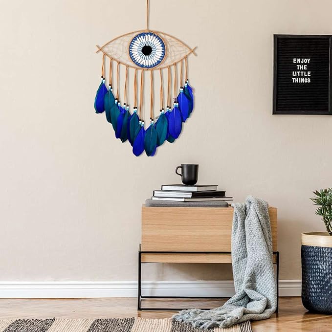 Holmgren Evil Eye Dream Catchers - Handmade Blue Dreamcatcher for Wall Art Apartment Decor, Good Luck Charm for Home Offices Living Spaces (Blue)