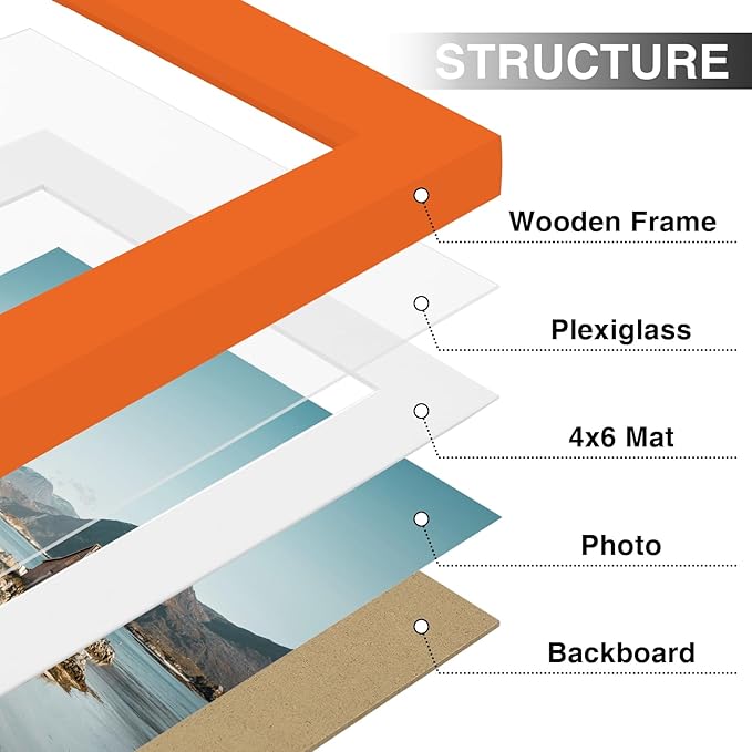 Vittanly 5x7 Picture Frames Set of 9, Shatter Resistant Plexiglass, Display 4x6 Pictures with Mat or 5x7 without Mat, Photo Frames for Wall or Tabletop, Engineered Wood, Orange
