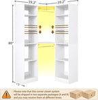 Corner Closet System with 2 Motion Sensor Lights, 39.2" Corner Closet Organizer with 12 Shelves, Closet Corner with 2 Hanging Rods, Versatile 6-Tier Walk-in Closets for Corner Space, White