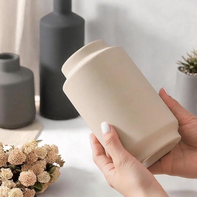 Textured Ceramic Vase Set of 3, Neutral Modern Farmhouse Decor for Pampas Grass Dried Flowers, Neutral Beige & Gray Pottery Vases for Living Room, Mantel, Shelf, Bedroom, Bathroom