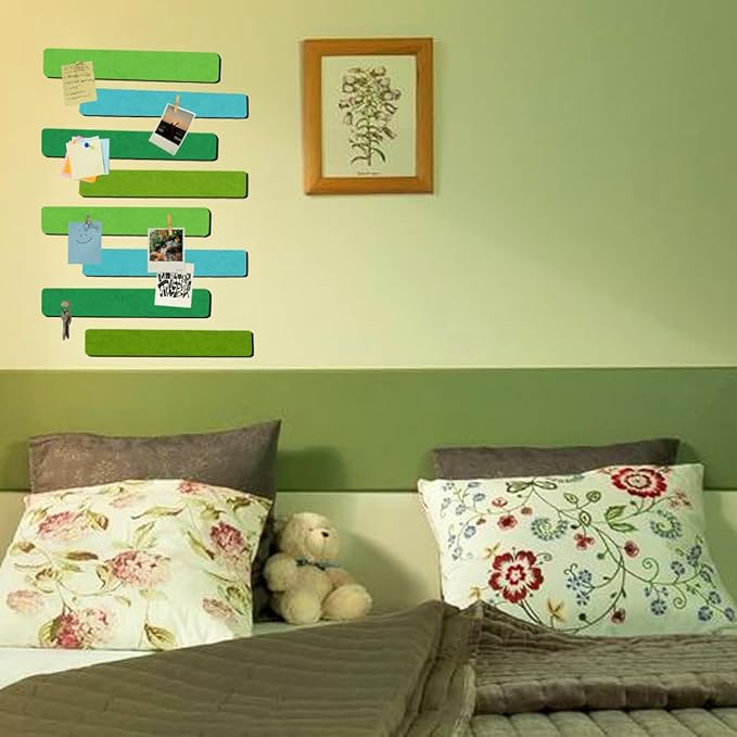 Vuzvuv 8 pcs Bulletin Board Bar Strips with 50 Pushpins & 10 Wooden Clip pins，Self Adhesive Cork Board for Wall，Felt Pin Board for School，Office Decor(Multi-Green)