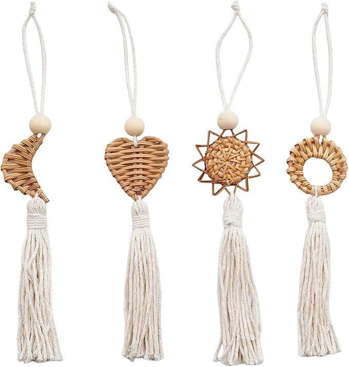 Set of 4 Handwoven Wall Hanging Natural Fiber Pendants Decors with Cotton Tassels for Living Room Aesthetic Ornaments Cotton Rope Tassels Hanging Charm