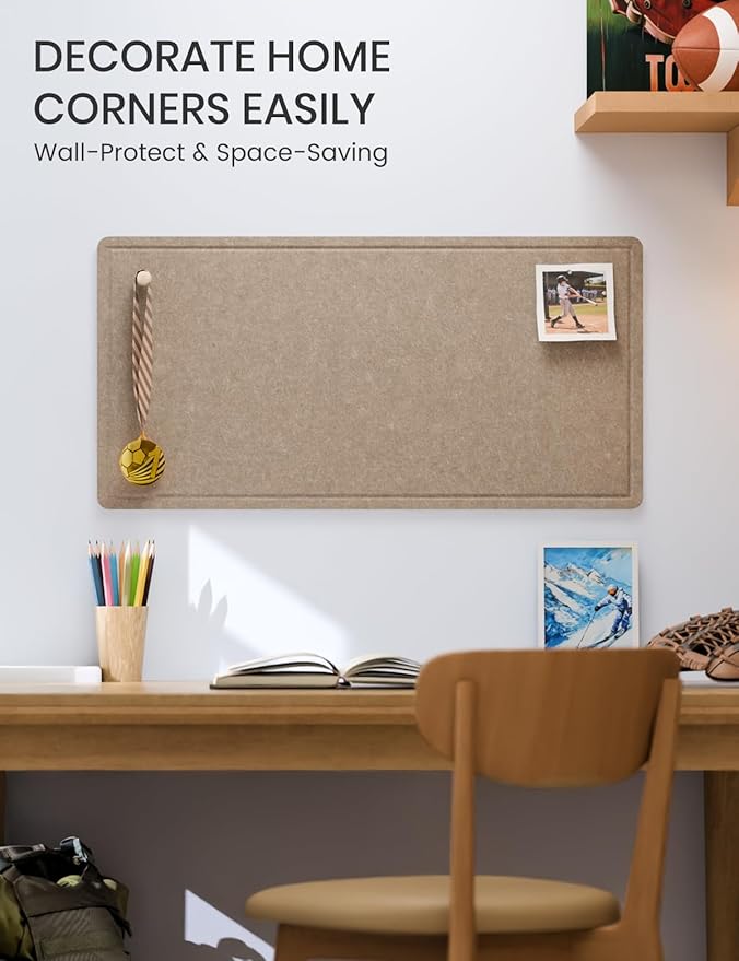 Fluxynara Bulletin Board, 35" x 17.5" Cork Board Alternative with 12 Safe Removable Adhesive Tabs, Foldable Felt Pin Board for Home Office, Classroom, Bedroom,Entryway for Walls—Taupe